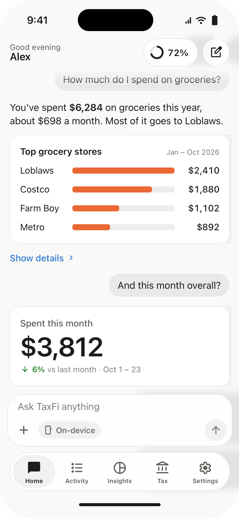 TaxFi answering how much is spent on groceries